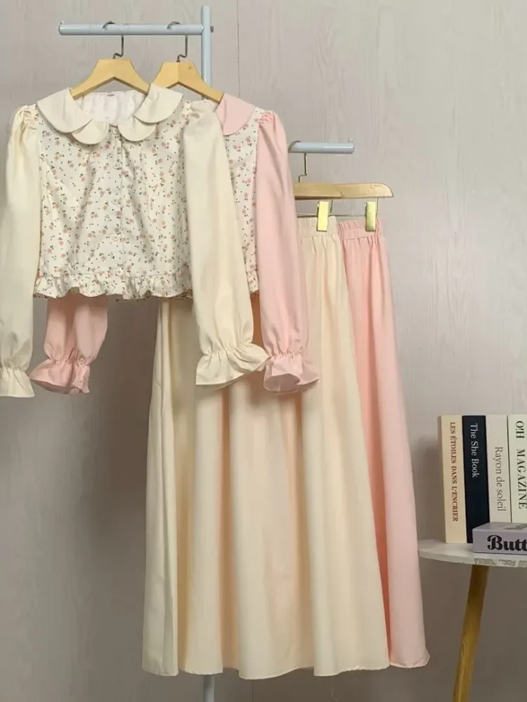 [DISKON KILAT]ASAYA Setelan lengan panjang dua warna baru, atasan warna kontras dipadukan dengan motif manis, dengan rok panjang