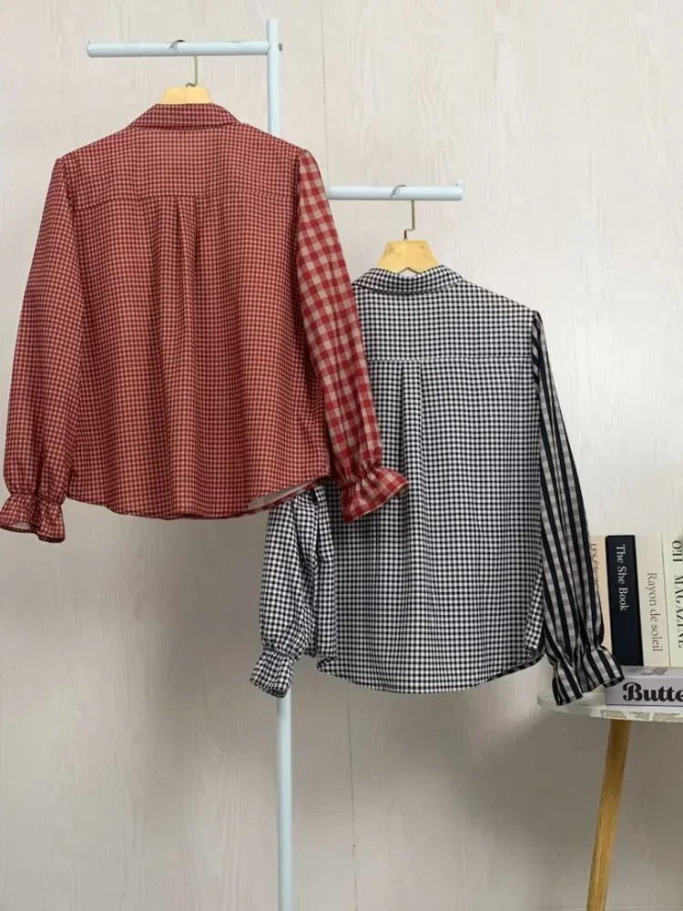 ASAYA Kemeja kardigan longgar dengan desain kerah kotak-kotak tambal sulam yang tidak beraturan