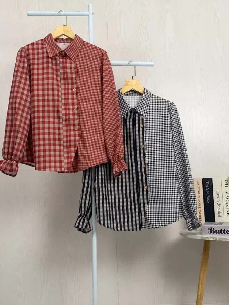 ASAYA Kemeja kardigan longgar dengan desain kerah kotak-kotak tambal sulam yang tidak beraturan