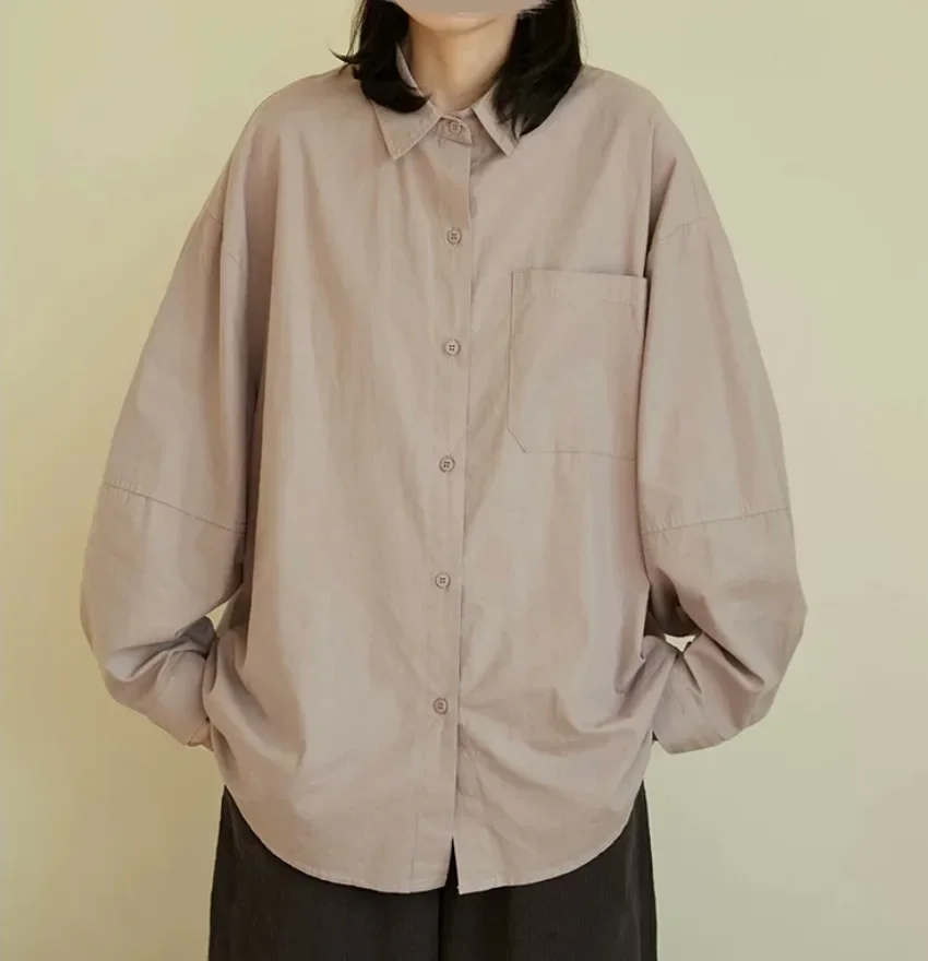 ASAYA Kemeja wanita longgar lengan panjang dengan kancing baris gaya casual