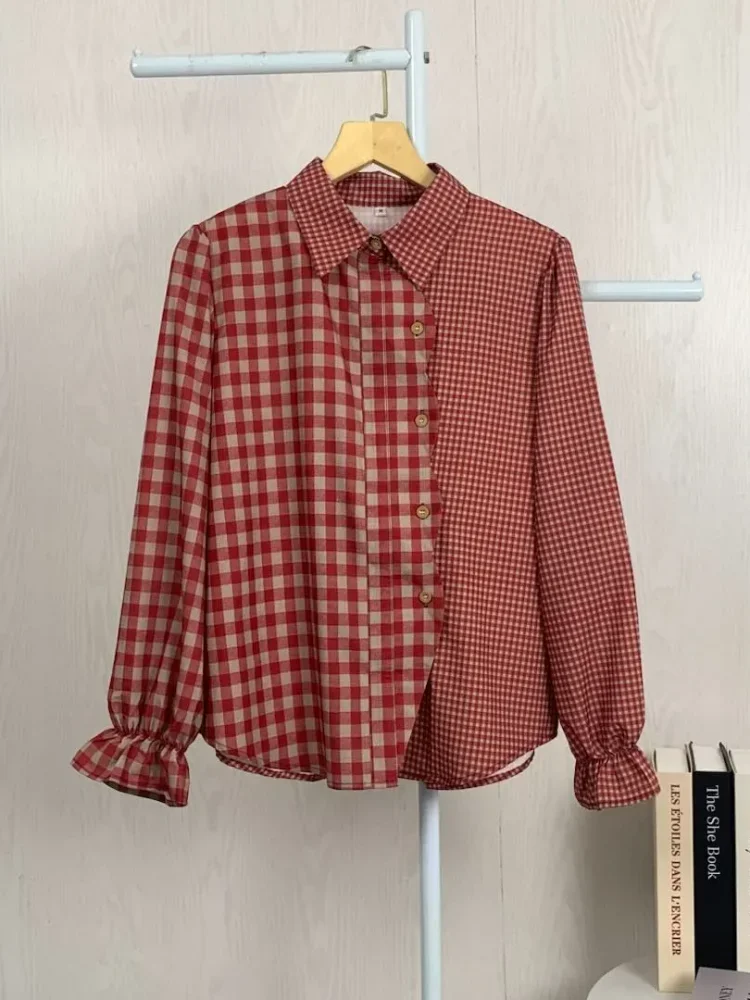 ASAYA Kemeja kardigan longgar dengan desain kerah kotak-kotak tambal sulam yang tidak beraturan