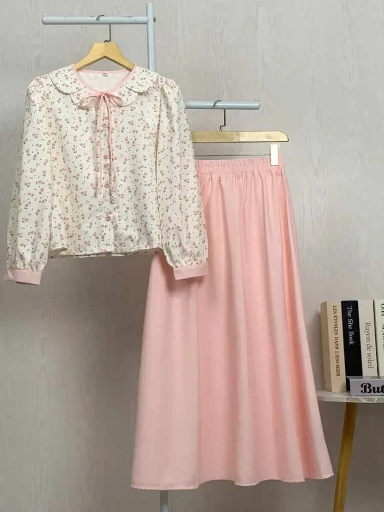 [NEW]ASAYA Setelan lengan panjang baru, baju menggunakan kemeja dengan motif cetak, dipadukan dengan rok panjang berwarna solid