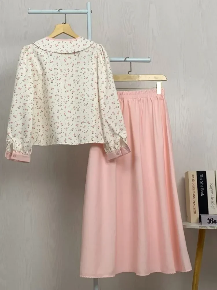[NEW]ASAYA Setelan lengan panjang baru, baju menggunakan kemeja dengan motif cetak, dipadukan dengan rok panjang berwarna solid