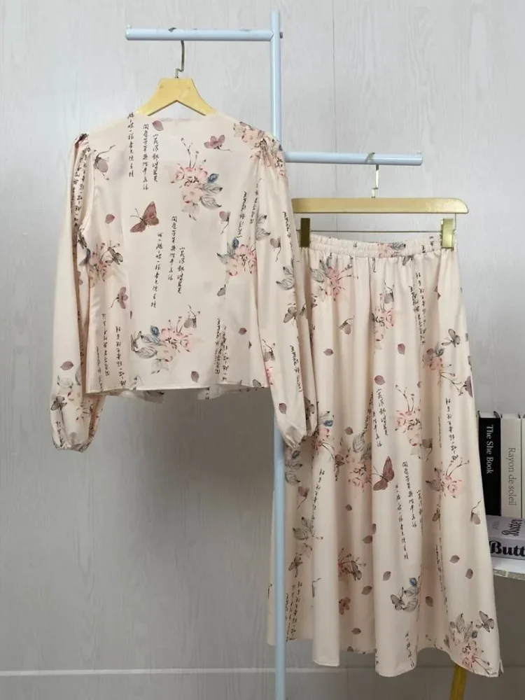 [READY STOCK]ASAYA Setelan wanita bergaya retro tiongkok, atasan lengan panjang dengan kancing buatan tangan dipadukan dengan rok model a-line yang stylish