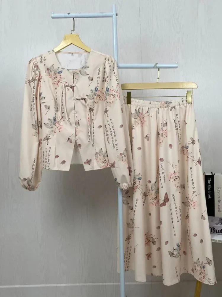 [READY STOCK]ASAYA Setelan wanita bergaya retro tiongkok, atasan lengan panjang dengan kancing buatan tangan dipadukan dengan rok model a-line yang stylish