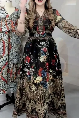 [DISKON KILAT]FADFAD Gaun lengan panjang bermotif rok model a line dengan gaya kasual untuk wanita