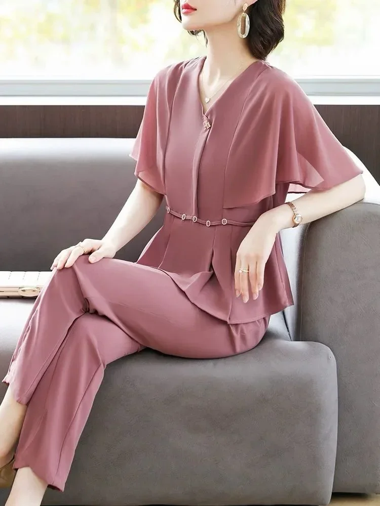 [DISKON KILAT]FADFAD Blouse wanita elegant dengan kerah v manis berlengan pendek berumbai gaya trendi