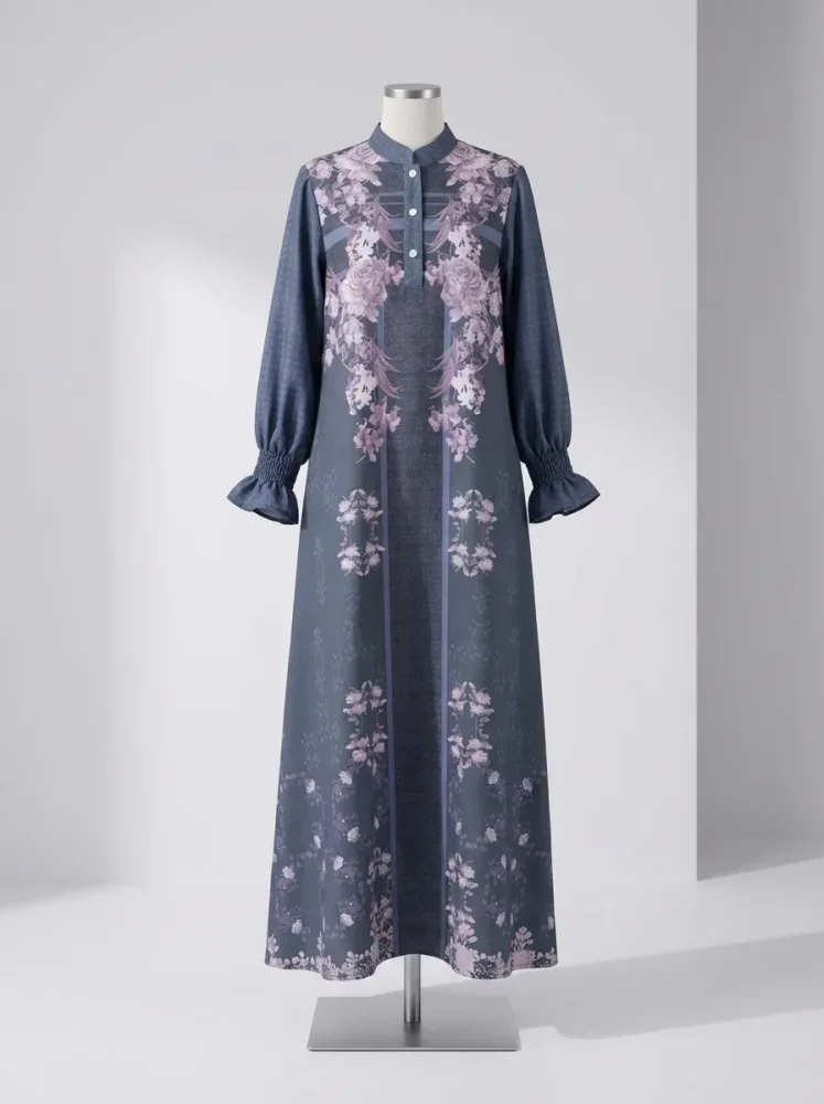 ASAYA Gaun elegan dengan motif posisi mode lengan panjang