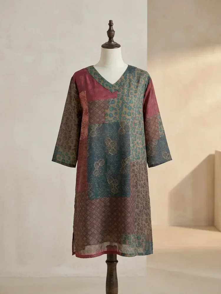 ASAYA Atasan blus motif retro dengan model longgar dan leher berbentuk v