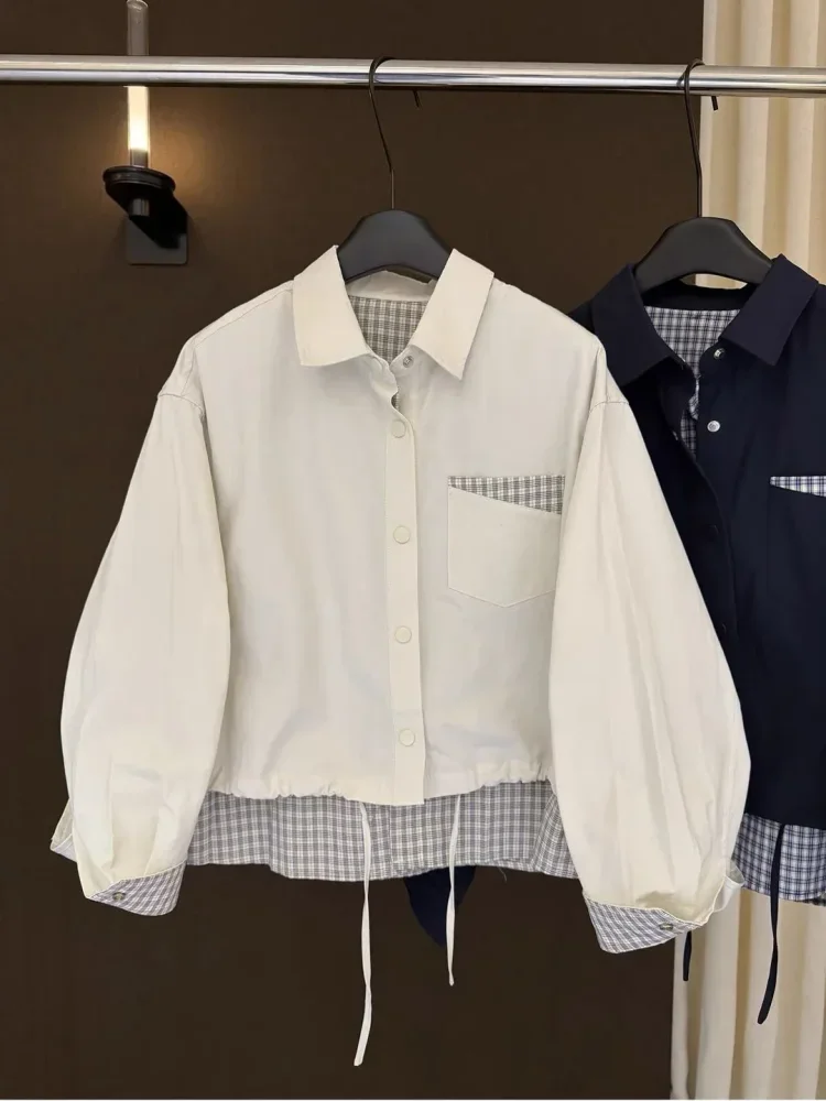 CHICMORE Kemeja wanita lengan panjang model terbaru dengan kerah polo motif kombinasi kekinian