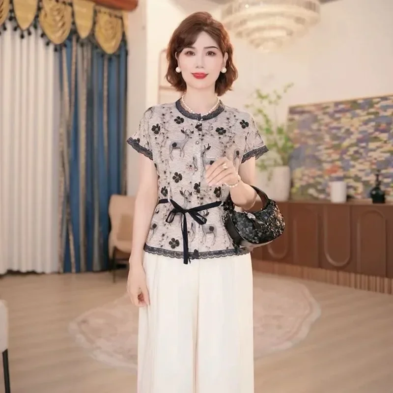 [DISKON KILAT]FADFAD Setelan dua potong wanita tempramen motif bunga cantik dengan tali pinggang manis dan celana panjang