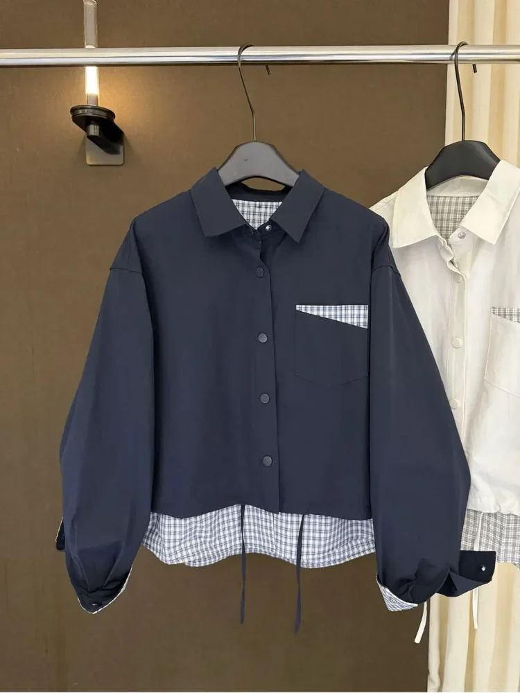 CHICMORE Kemeja wanita lengan panjang model terbaru dengan kerah polo motif kombinasi kekinian