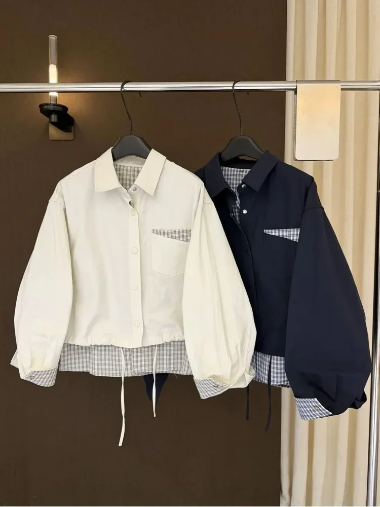 CHICMORE Kemeja wanita lengan panjang model terbaru dengan kerah polo motif kombinasi kekinian