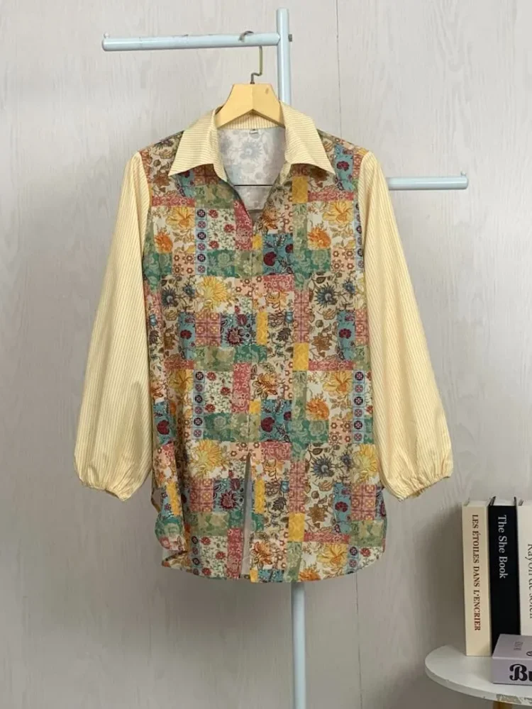 [READY STOCK]ASAYA Atasan gaya retro kerah v model longgar motif cetak untuk wanita