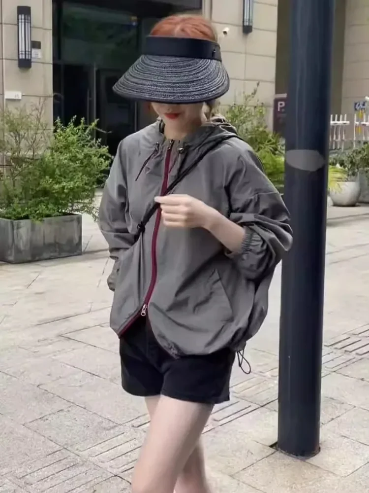 CHICMORE Atasan jaket lengan panjang longgar model warna kontras dengan risleting depan