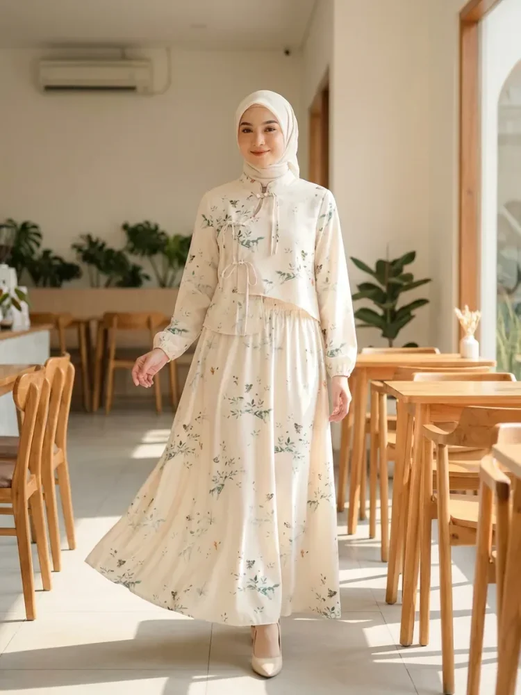 ASAYA Kemeja lengan panjang unik dengan desain tidak beraturan, motif ala tiongkok, kancing buatan tangan, atasan lengan panjang dengan kerah, dan setelan dua potong rok panjang
