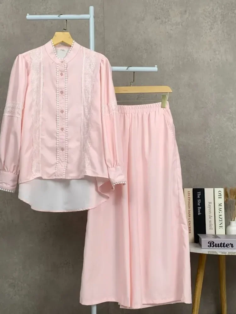 [DISKON KILAT]CHICMORE Setelan lengan panjang baru, atasan solid dipadukan dengan hiasan renda, celana panjang solid yang longgar