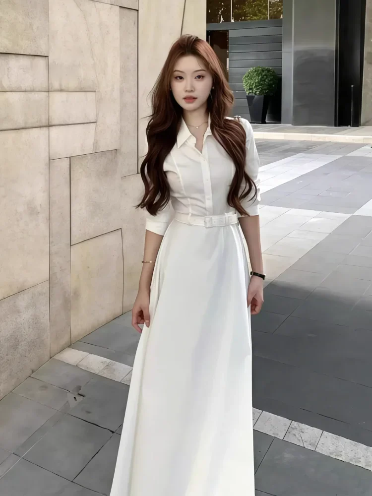 CHICMORE Gaun kerah polo elegan gaya korea lengan panjang wanita yang cantik gaya kasual kelas atas