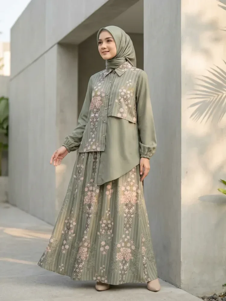 ASAYA Setelan dua bagian, yaitu atasan dan rok, dengan motif patchwork yang modis