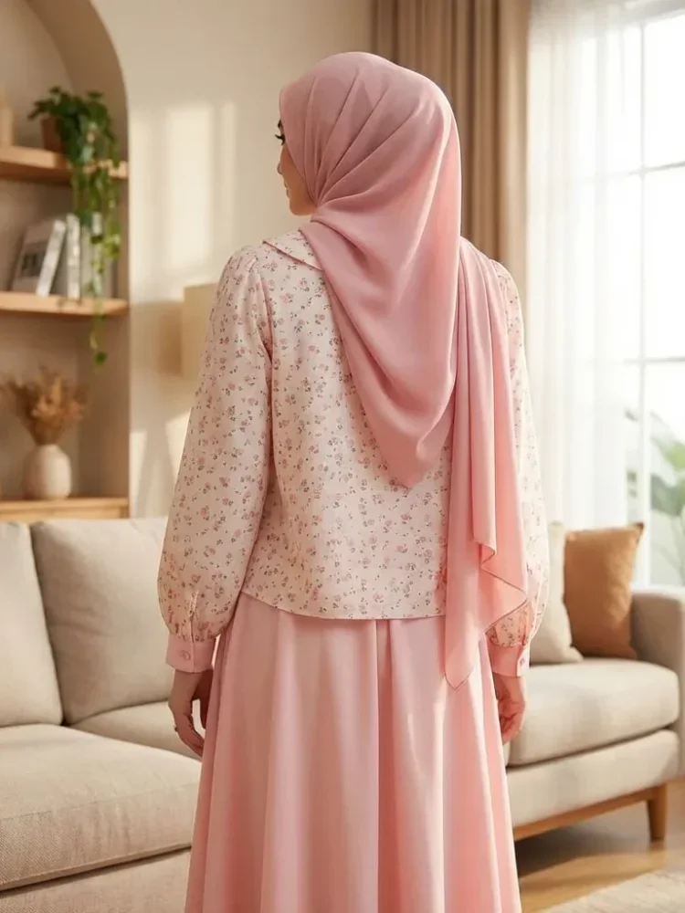 [NEW]ASAYA Setelan lengan panjang baru, baju menggunakan kemeja dengan motif cetak, dipadukan dengan rok panjang berwarna solid