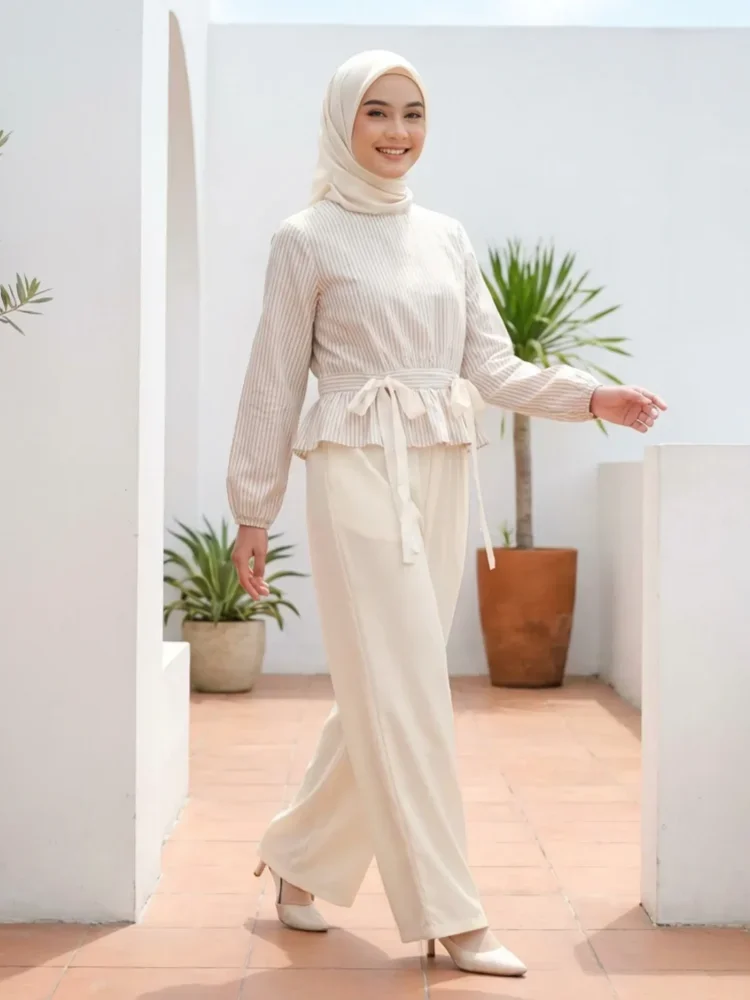 ASAYA Kemeja lengan panjang dengan kerah bulat dan celana panjang lebar bermotif garis polos set dua potong
