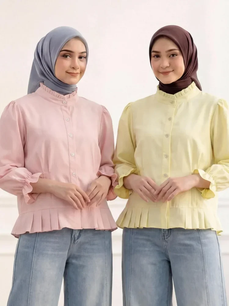 ASAYA Atasan kemeja desain kupu-kupu cantik lengan panjang untuk wanita gaya retro