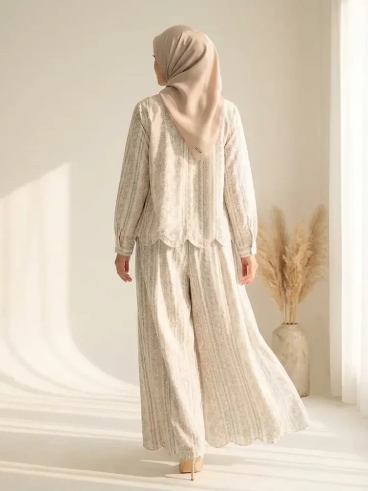 [DISKON KILAT]ASAYA Atasan lengan panjang dengan desain hem tidak beraturan, set dua potong modis, dilengkapi pola cetakan unik, celana panjang trendy
