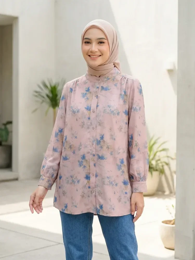 ASAYA Atasan kemeja lengan panjang  elegan longgar kasual cetak