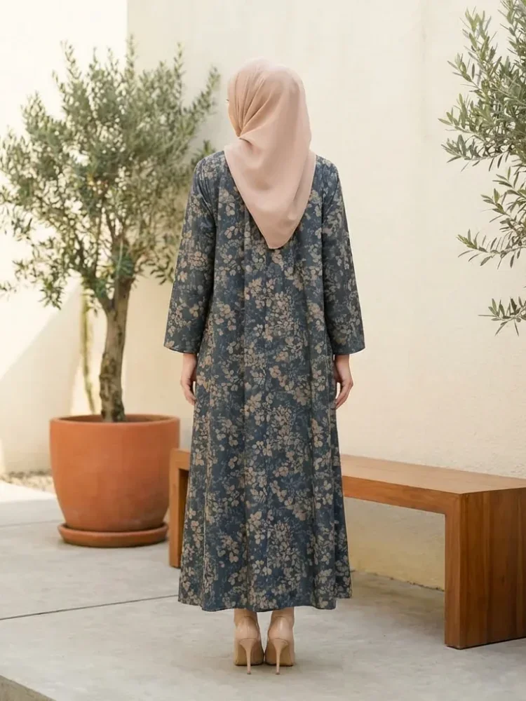 ASAYA Gaun panjang longgar kasual tipis bermotif dengan desain mode elegan