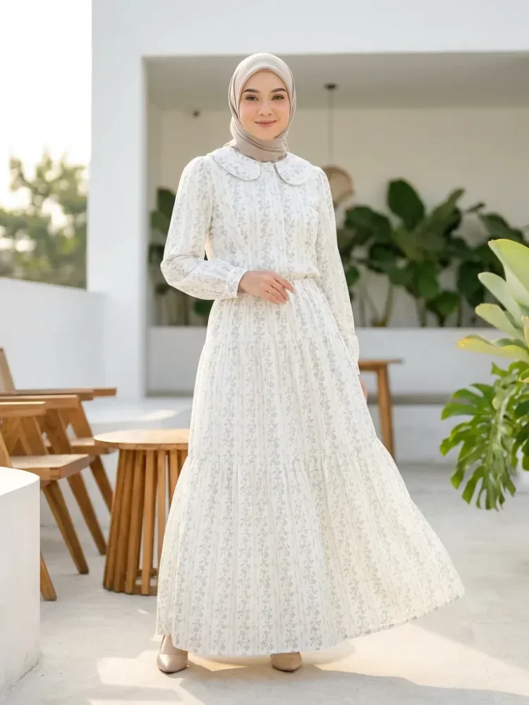 ASAYA Rok kemeja lengan panjang leher awak setelan bunga