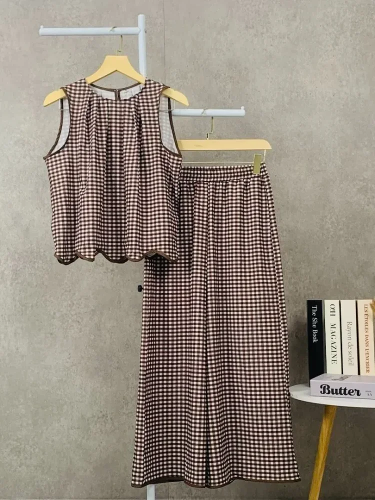 [DISKON KILAT]CHICMORE Setelan dua potong motif kotak kotak warna kontras celana pinggang ramping