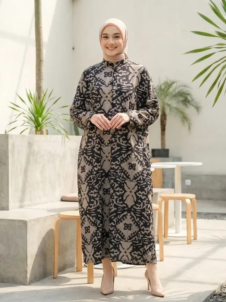 ASAYA Gaun panjang longgar kasual tipis bermotif dengan desain mode elegan