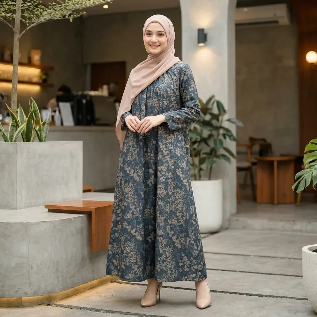ASAYA Gaun panjang longgar kasual tipis bermotif dengan desain mode elegan