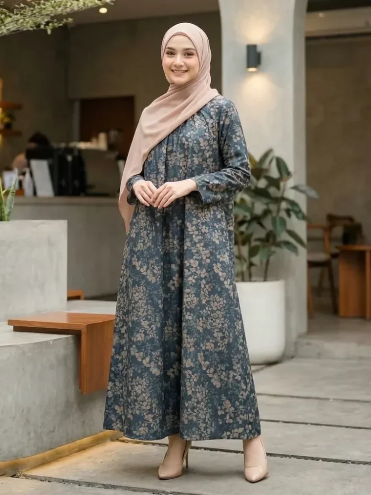 ASAYA Gaun panjang longgar kasual tipis bermotif dengan desain mode elegan