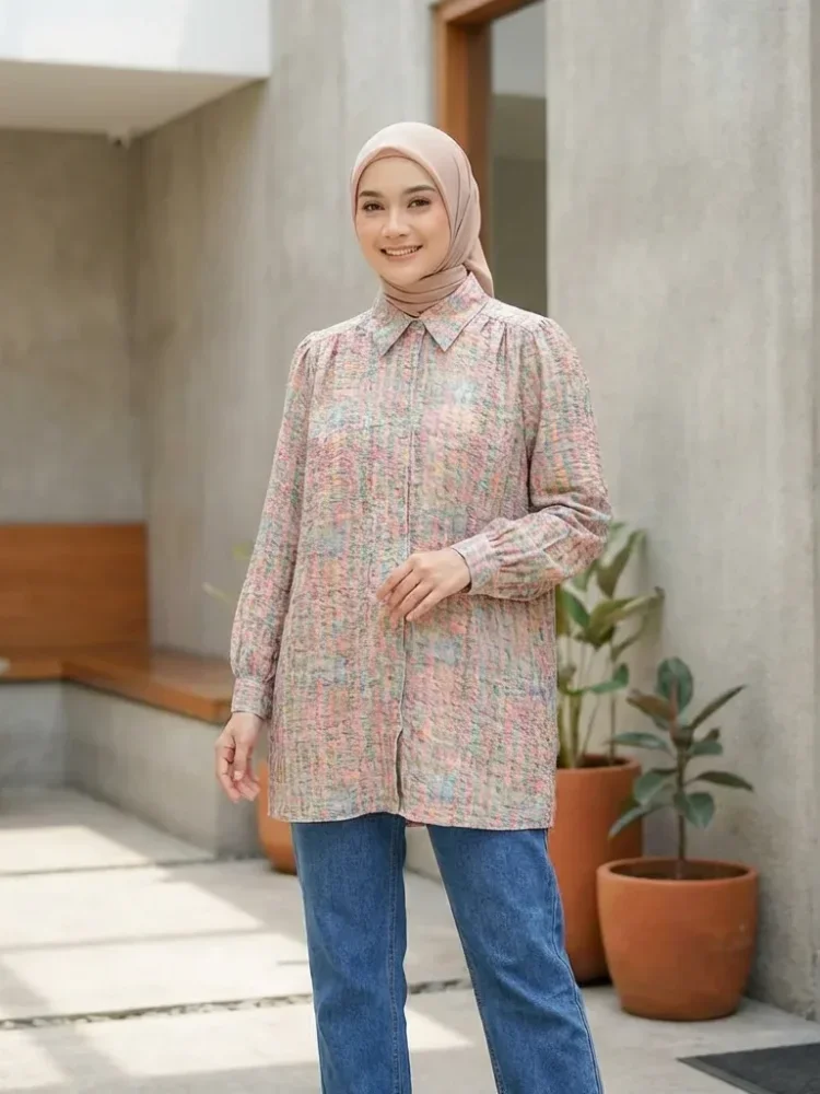 [DISKON KILAT]ASAYA Atasan kemeja lengan panjang  elegan longgar kasual cetak