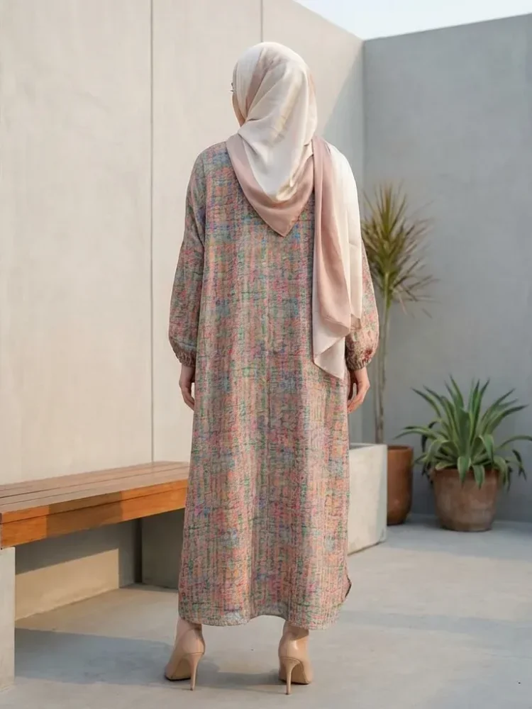ASAYA Gaun panjang longgar kasual tipis bermotif dengan desain mode elegan
