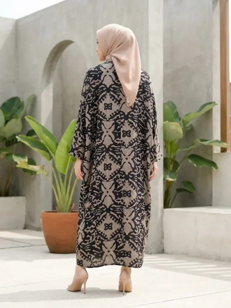 ASAYA Gaun panjang longgar kasual tipis bermotif dengan desain mode elegan