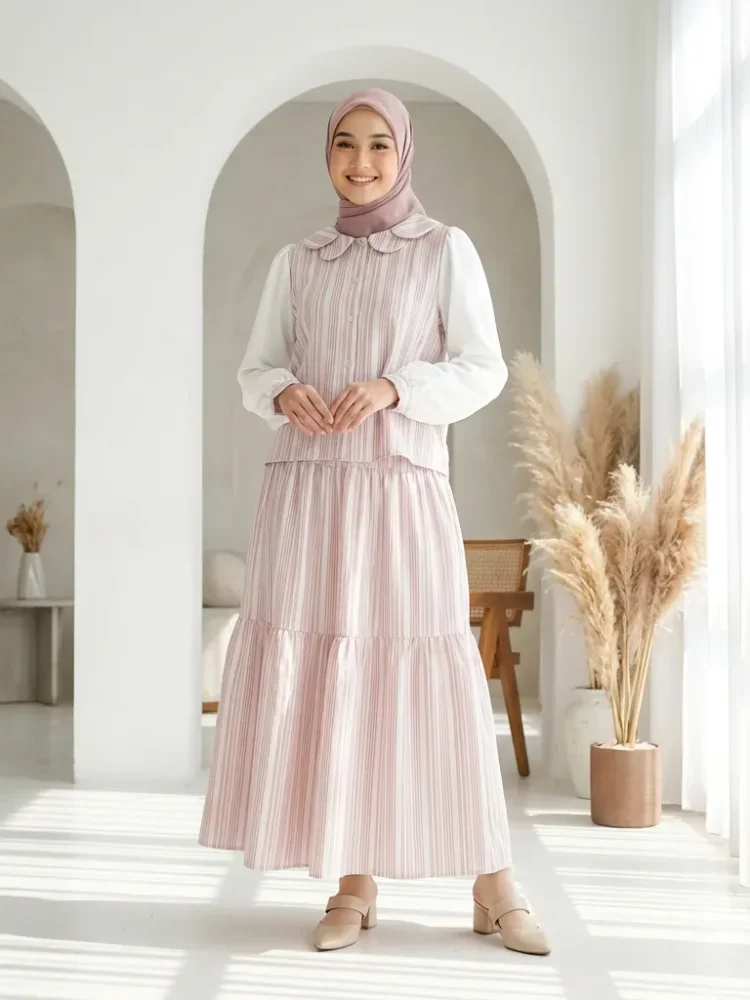 [DISKON KILAT]ASAYA Gaun kemeja lengan panjang kerah kelopak set patchwork bergaris