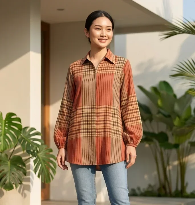 ASAYA Atasan gaya retro kerah v model longgar motif cetak untuk wanita