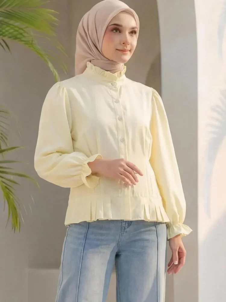 ASAYA Atasan kemeja desain kupu-kupu cantik lengan panjang untuk wanita gaya retro