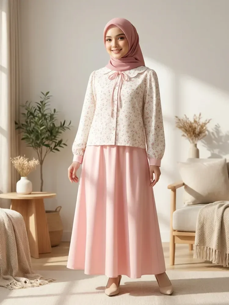 [NEW]ASAYA Setelan lengan panjang baru, baju menggunakan kemeja dengan motif cetak, dipadukan dengan rok panjang berwarna solid