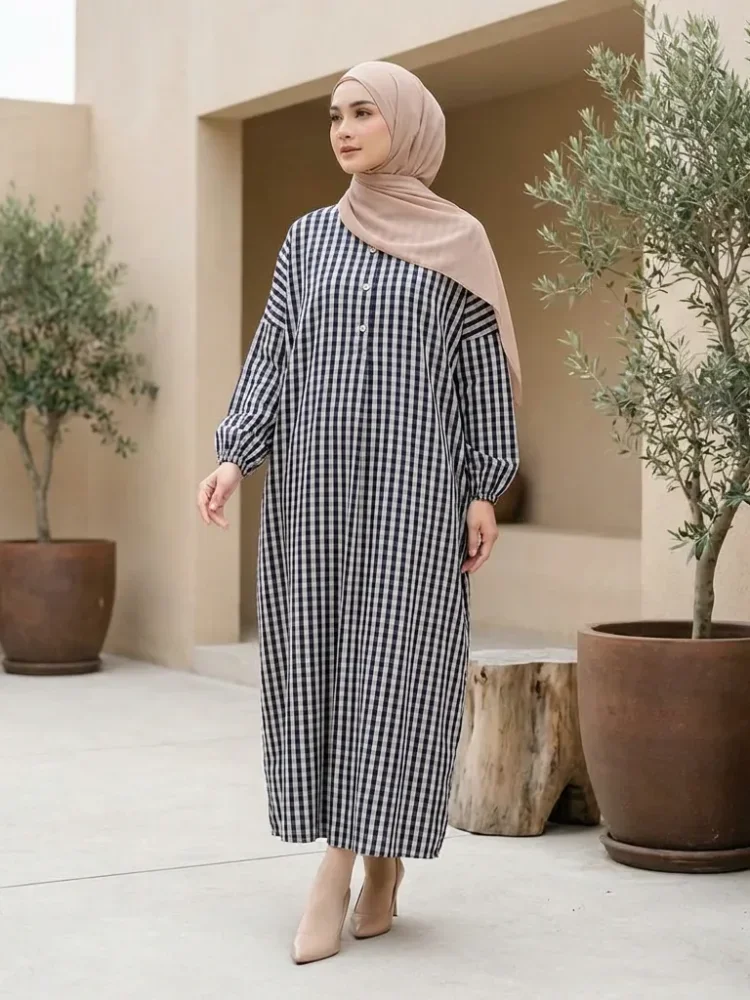 ASAYA Gaun panjang longgar kasual tipis bermotif dengan desain mode elegan