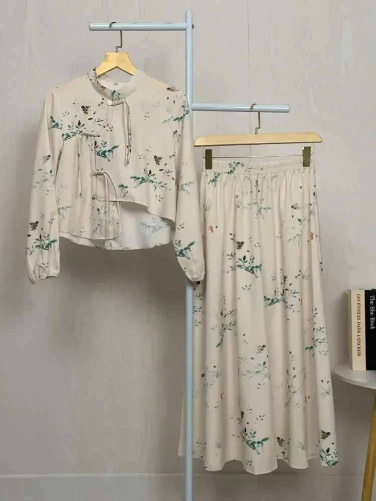 ASAYA Kemeja lengan panjang unik dengan desain tidak beraturan, motif ala tiongkok, kancing buatan tangan, atasan lengan panjang dengan kerah, dan setelan dua potong rok panjang