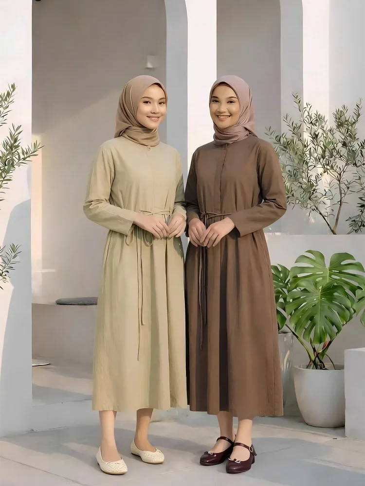 CHICMORE Gaun lengan panjang rok model a line dengan gaya kasual untuk wanita
