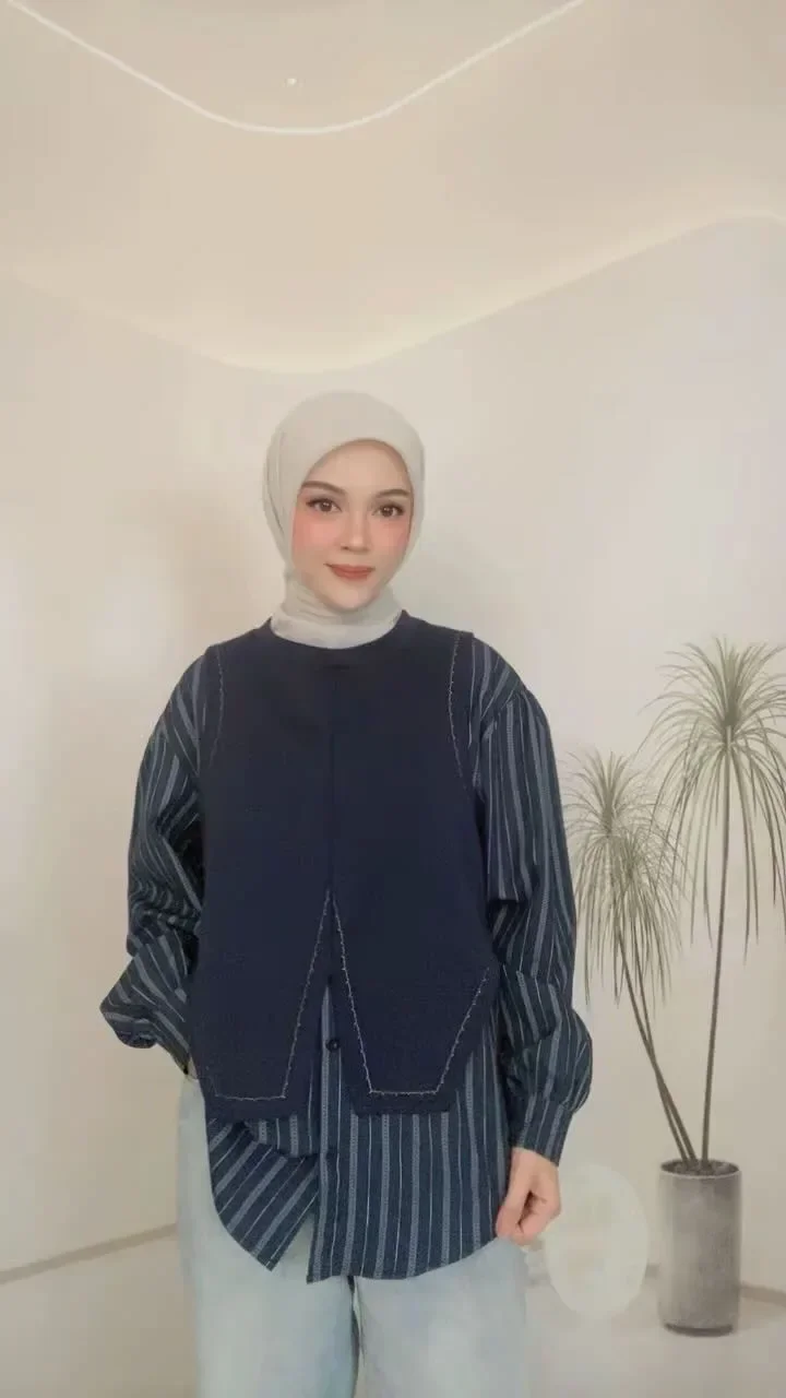 [CUCI GUDANG]CHICMORE Atasan untuk wanita bergaris model rompi leher bulat lengan panjang gaya kasual