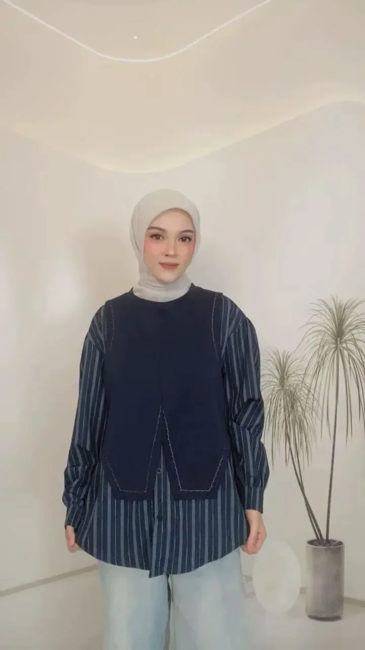 [CUCI GUDANG]CHICMORE Atasan untuk wanita bergaris model rompi leher bulat lengan panjang gaya kasual
