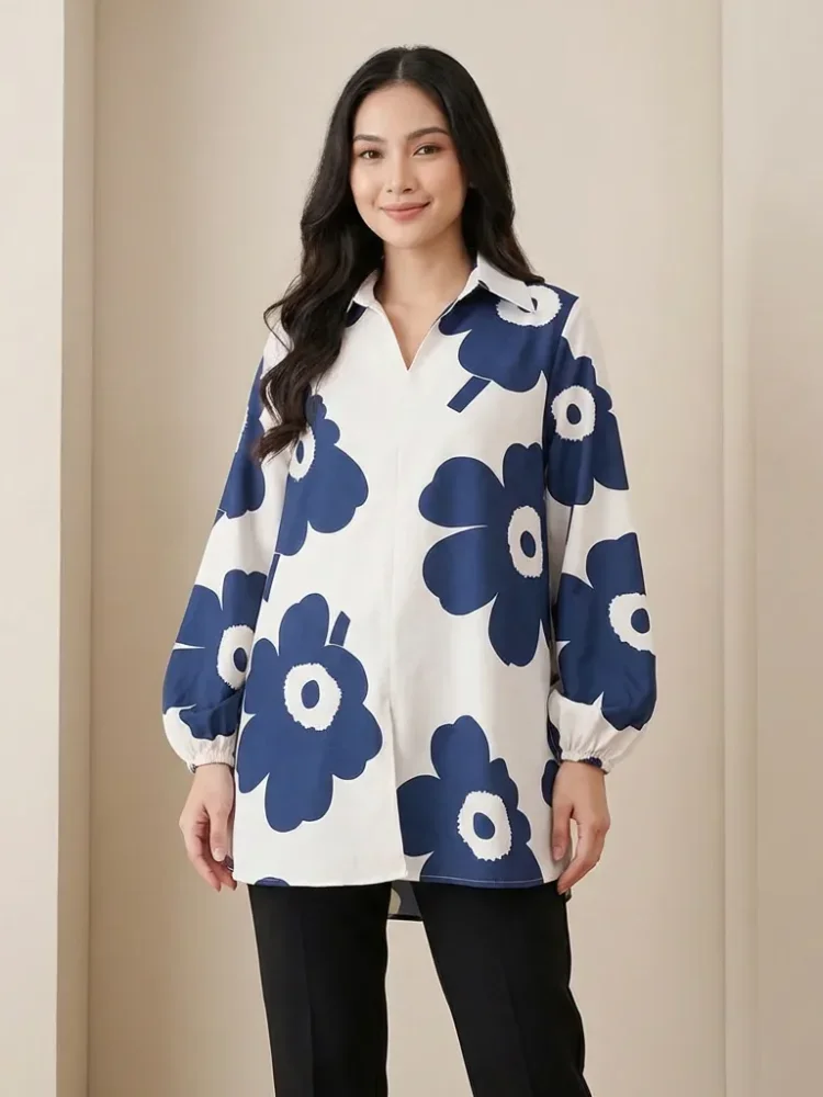 ASAYA Atasan gaya retro kerah v model longgar motif cetak untuk wanita