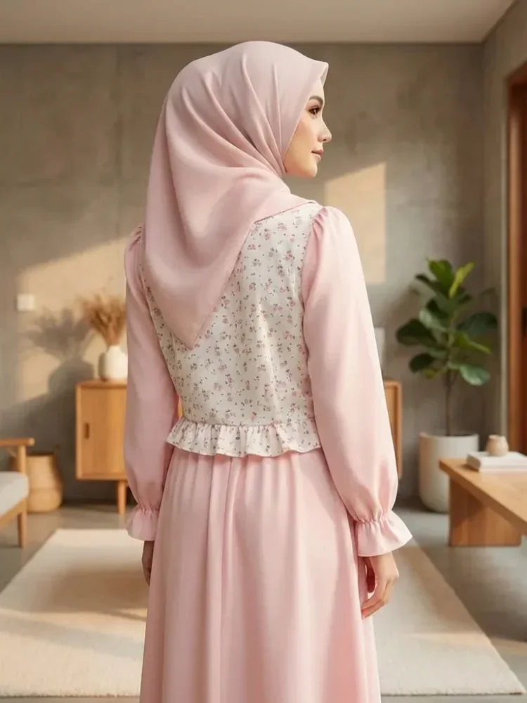 [DISKON KILAT]ASAYA Setelan lengan panjang dua warna baru, atasan warna kontras dipadukan dengan motif manis, dengan rok panjang