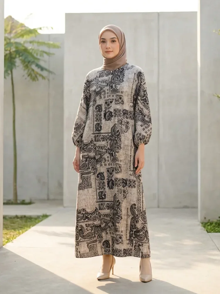 [DISKON KILAT]ASAYA Gaun panjang longgar kasual tipis bermotif dengan desain mode elegan