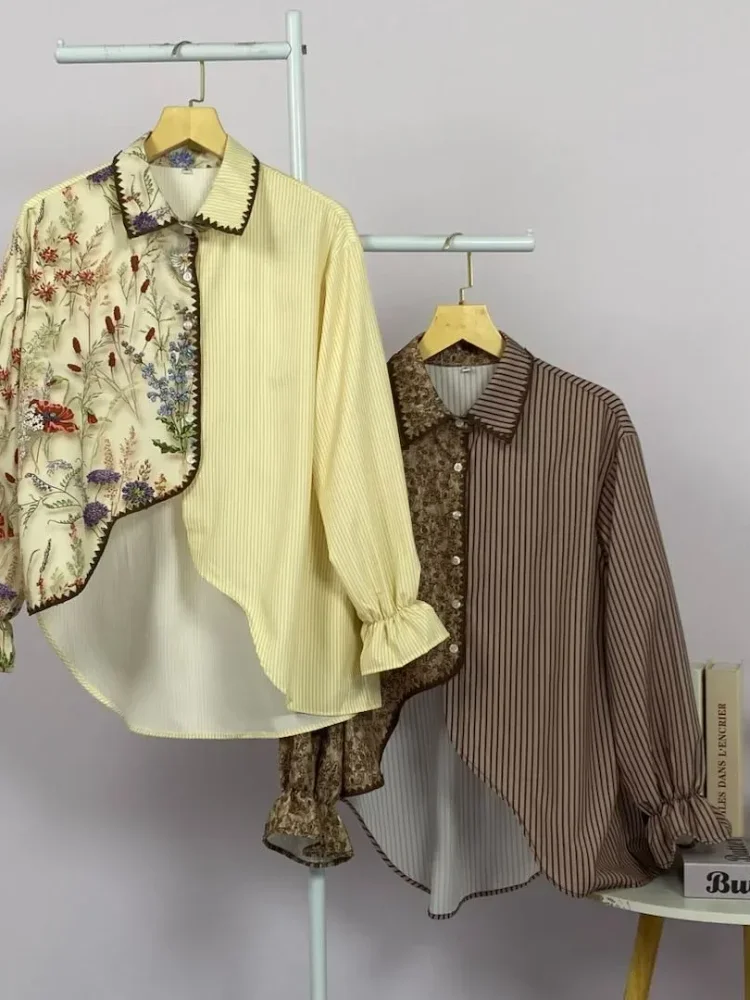 ASAYA Kemeja campuran garis motif bunga retro